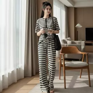 Mayura Stores No.Ce123 ชุดเซ็ท2ชิ้น เสื้อแขนสั้น+กางเกงขายาว (ลายทางกระดุมหน้า) ชุดเซ็ท ชุดเซ็ทแฟชั่น