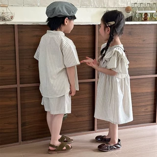 พร้อมส่ง ❤️ชุดเด็กลายทาง ชุดพี่-น้อง เด็กผู้ชาย ลายทางคอกลม+ชุดสาวลายทาง ใส่สบาย ดูดี