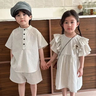 พร้อมส่ง ❤️ชุดเด็กลายทาง ชุดพี่-น้อง เด็กผู้ชาย ลายทางคอกลม+ชุดสาวลายทาง ใส่สบาย ดูดี