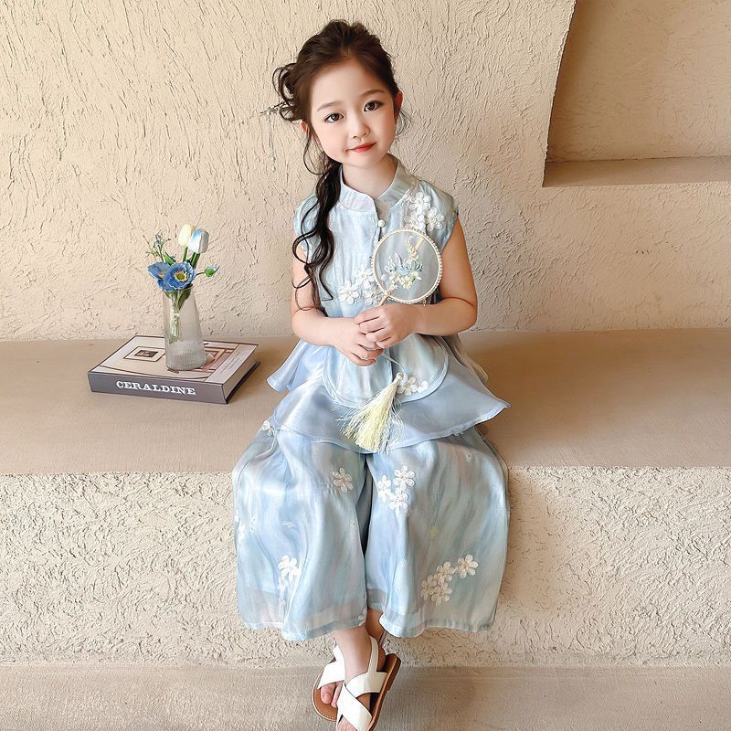 เกาหลีเกาหลี2026สาวฤดูร้อน2025สไตล์ใหม่แขนกุดกางเกงขากว้างใหม่สไตล์จีนHanfuชุดเด็กใหญ่COD MFT0