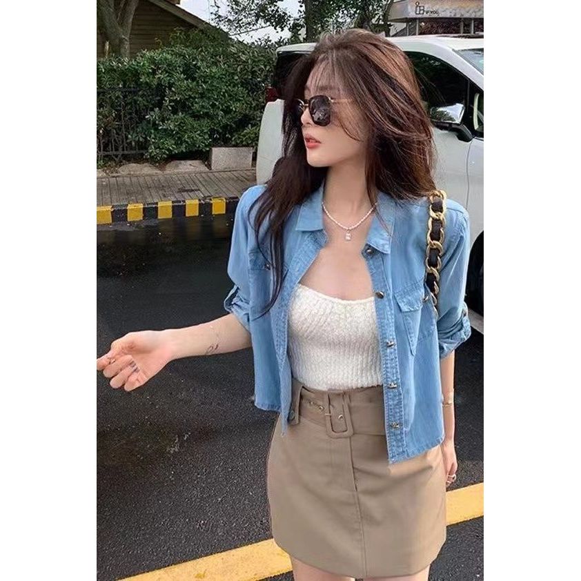 เกาหลีเกาหลี2026 Tencelแจ็คเก็ตยีนส์ผู้หญิงฤดูร้อนบางสไตล์ครีมกันแดดเสื้อออกแบบNicheภาษาฝรั่งเศสคําS