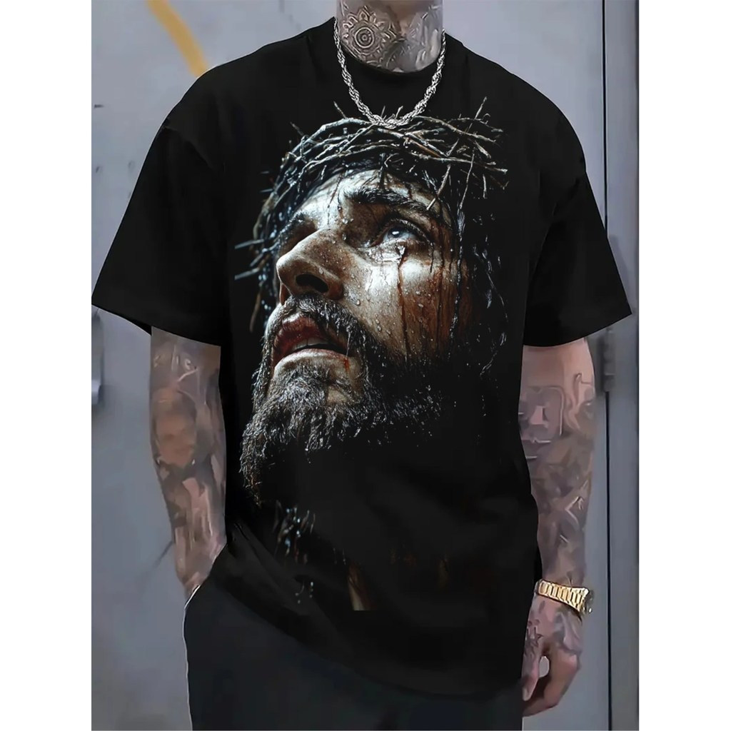 ผู้ชาย เสื้อยืดคอกลมลายกราฟิกพระเยซู 3D ผ้าฝ้าย 180gsm ระบายอากาศได้ดี ทรงหลวม พร้อมรายละเอียดถักแบบริบ