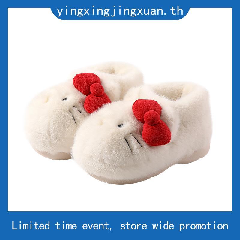 SEIZ6O รองเท้าแตะตุ๊กตา Kitty, High-top Bow KT Cat รองเท้าแตะขนสัตว์อุ่น, Kawaii สีขาวสีแดงปุยนักเรี