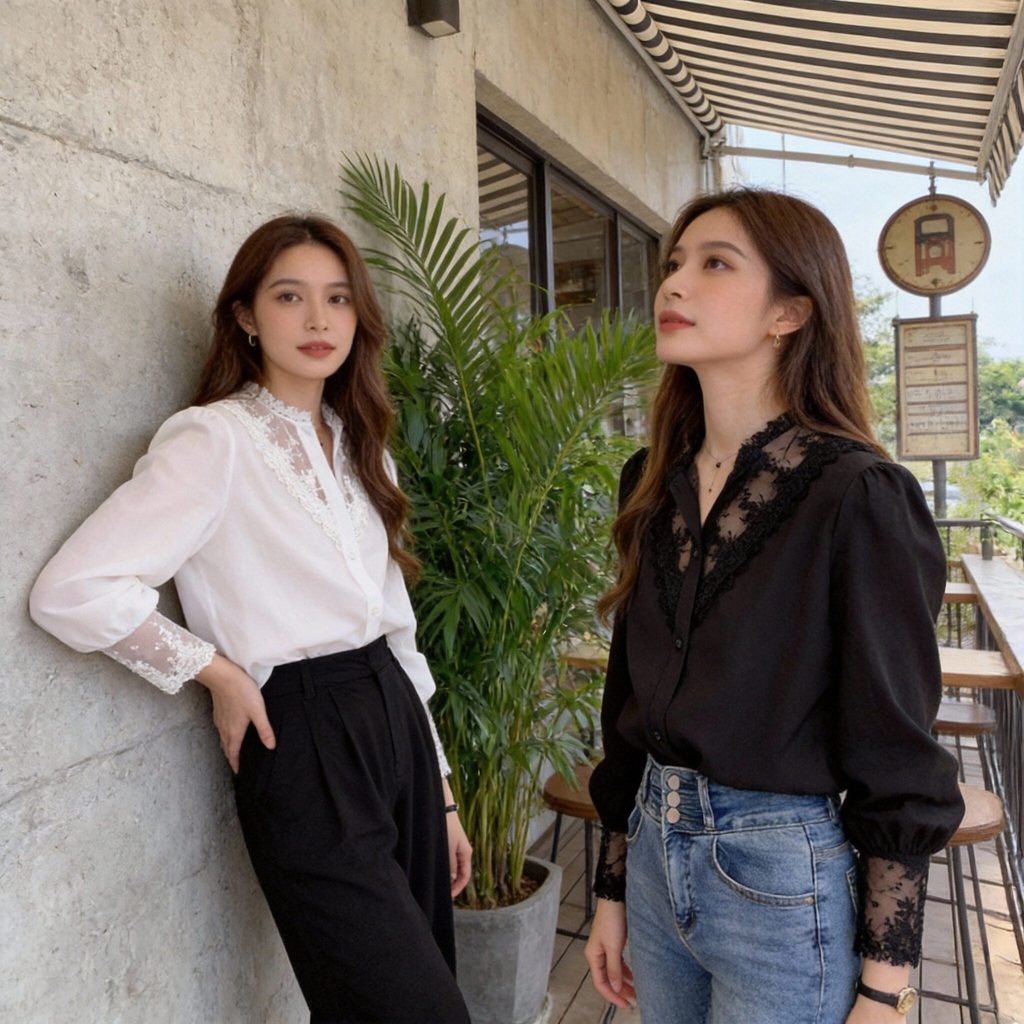 เสื้อแขนยาว ทรงเชิ้ตคอวีตกแต่งลูกไม้สไตล์วินเทจ ใส่ทำงานก็ดูดี