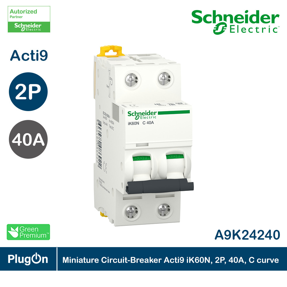 Schneider Electric Miniature Circuit-Breaker Acti9iK60N, 2P, 40A, C curve | A9K24240 | PlugOn