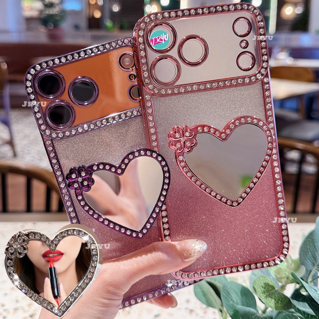 JRYU IPHONE Heart Diamond Pop Stand พร้อมกระจก Softcase IPHONE 17 PRO MAX AIR 7+ 8+ X XR 11 1PRO 11 