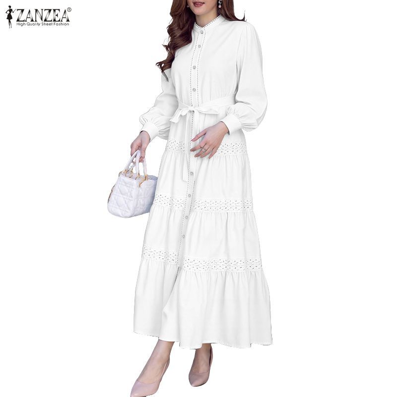 ZANZEA ผู้หญิงเกาหลี Ladylike อารมณ์รอบคอ Single-Breasted Tie-Up เอวลูกไม้ Splicing ชุด