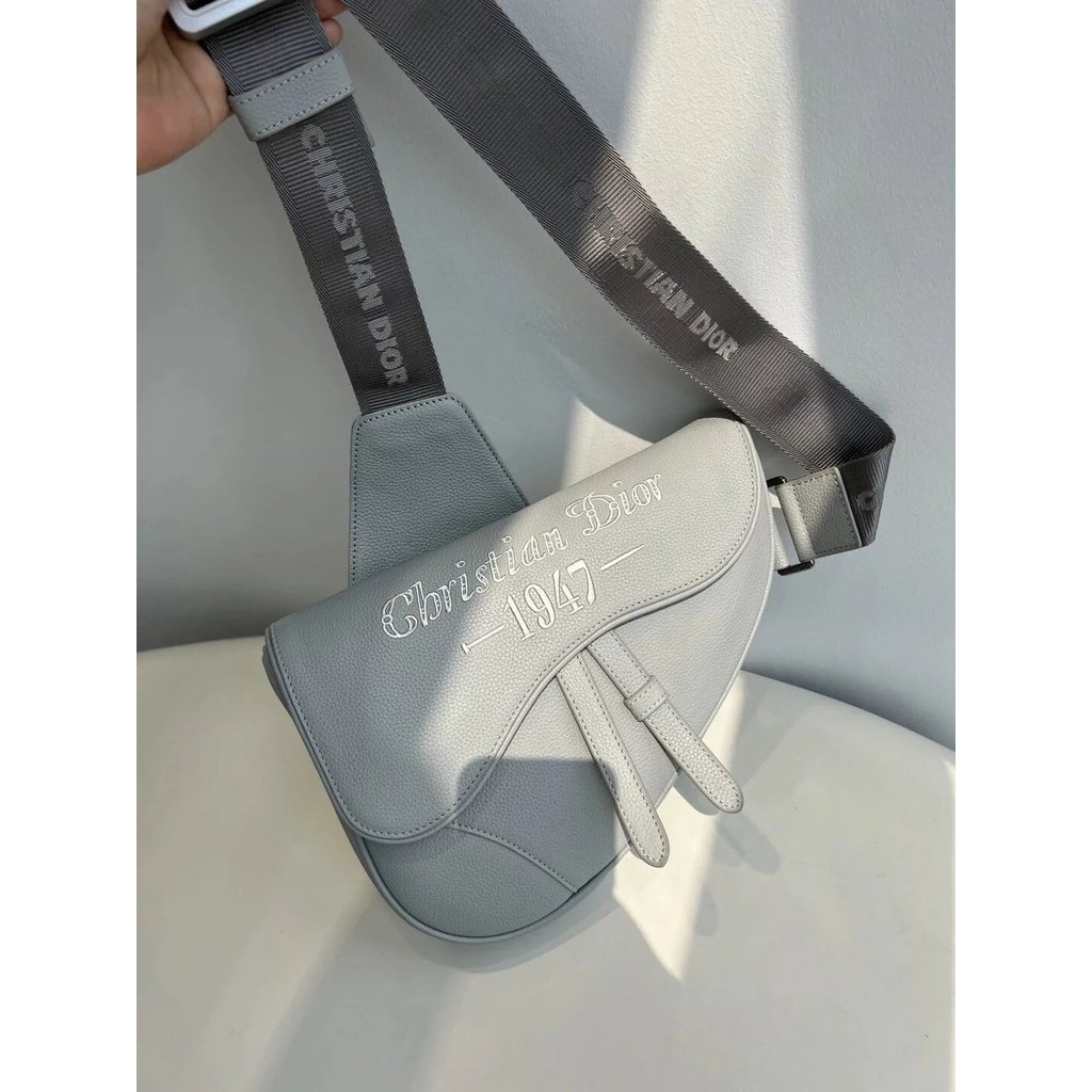 DIOR Safari CD 1947 Grey Grain Leather Saddle Bag Shoulder Messenger Bag