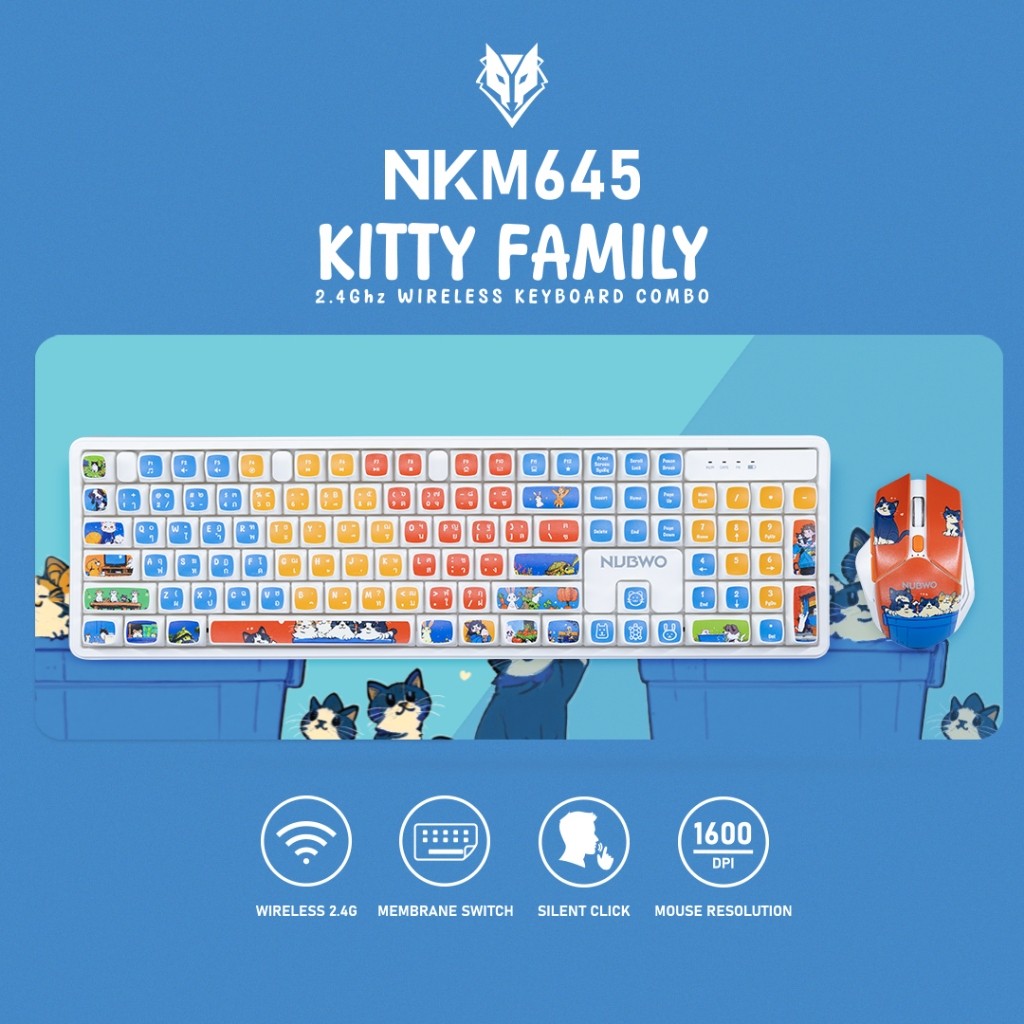 Nubwo NKM-645 Keyboard+Mouse Wireless RubberDomeSwitch แป้นพิมพ์ชุดเมาส์คีย์บอร์ดไร้สาย (Kitty Famil