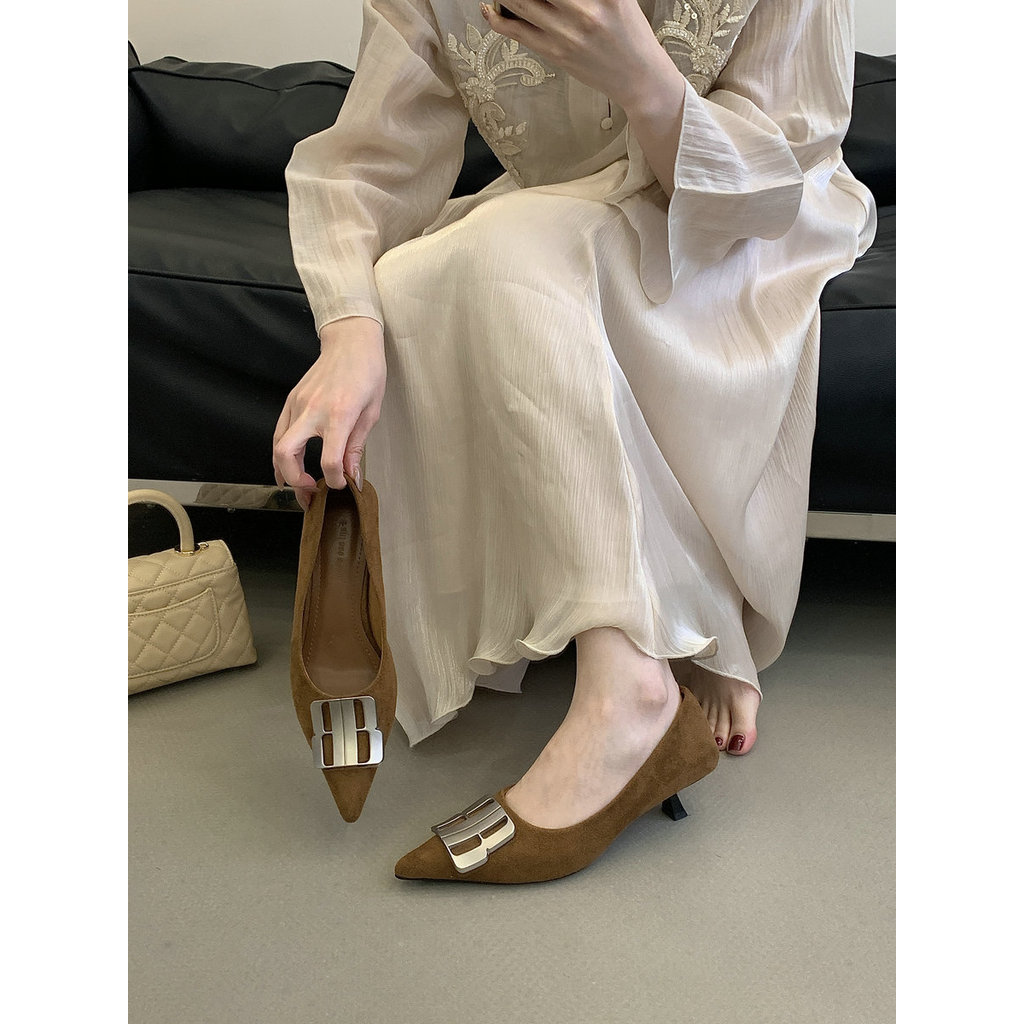[DIAIRIZ] Retro Suede Square Buckle Pointed Toe Kitten Heel Shoes Female Caramel Commuter Shallow Mo