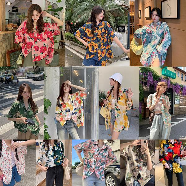 Red Berry เสื้อเชิ้ตแขนสั้นทรงหลวมสำหรับผู้หญิงสไตล์ฮาวาย เย็นสบาย เหมาะสำหรับเทศกาลสงกรานต์ H2