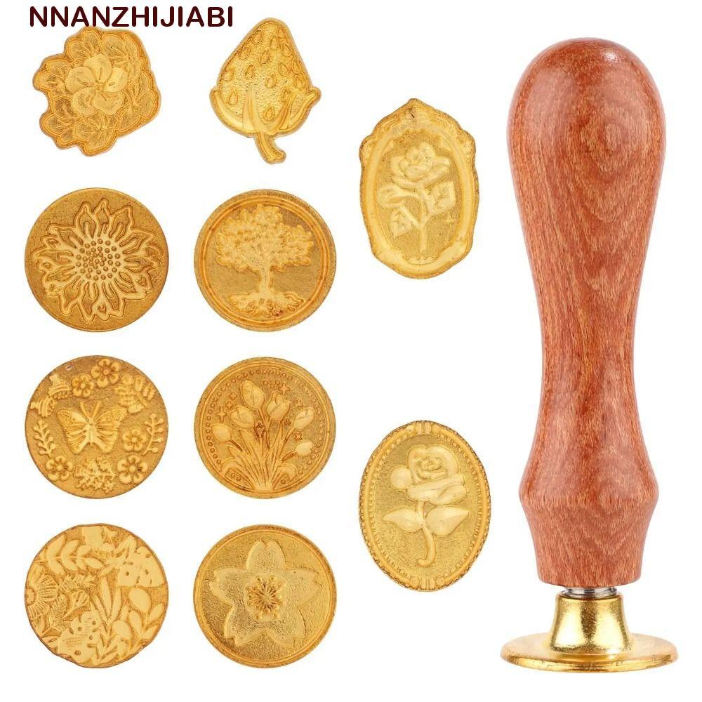 NANZHIJIABI 8/10/12 ชิ้น Lacquer Seal Head แสตมป์ชุด, Creative Retro Wax Seal Stamp Head Kit, Rose ดอกไม้ Multishape ที่ถอดออกได้ Wax Seal แสตมป์ชุดการ์ดเชิญซองจดหมาย