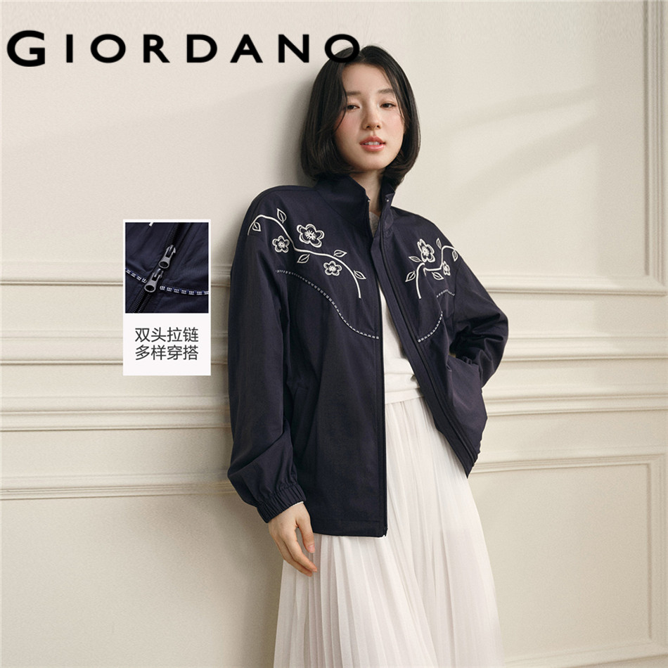 GIORDANO WOMEN Embroidered flowers stand collar jacket 18376303