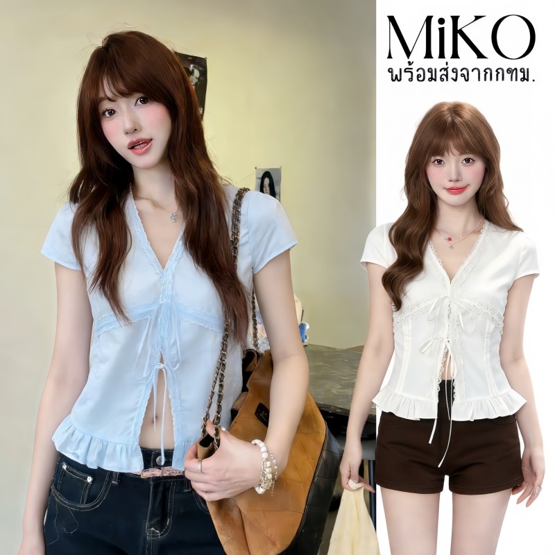 Miko🎀พร้อมส่ง🍥เสื้อเชิ้ตแขนสั้น ทรงครอป สายเชือกผูกเอว กระชับสัดส่วน สวยหรู ตกแต่งลูกไม้ละเอียดอ่อน ทรงผิดรูปร่างสวยงา