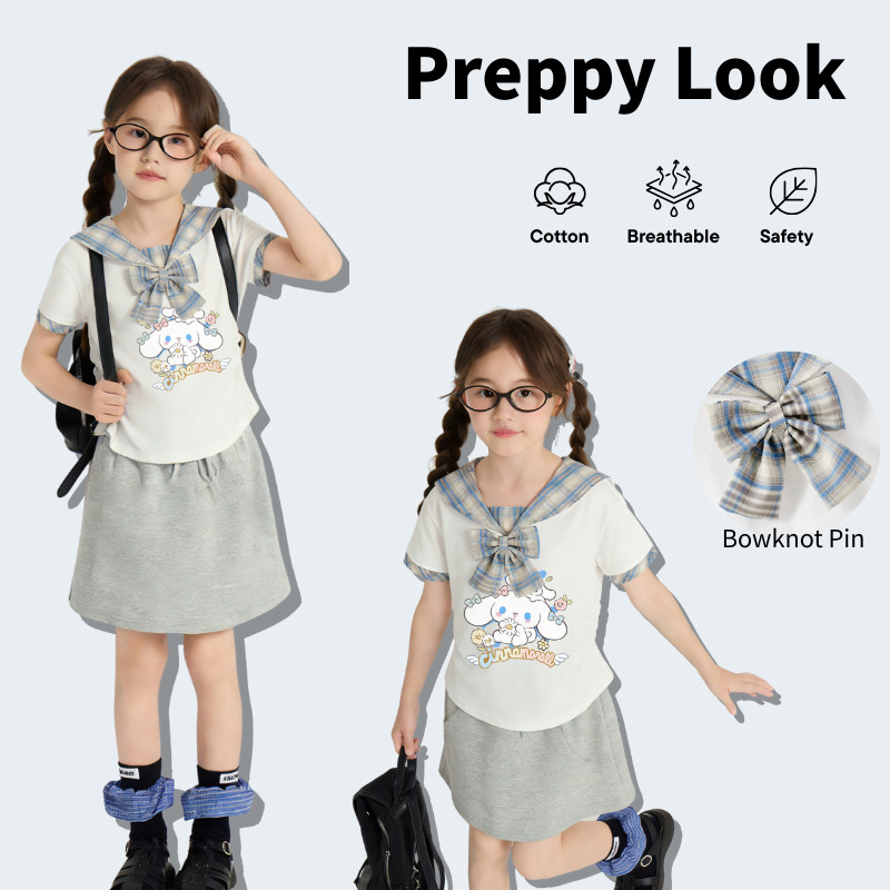 Top สาว Cinnamoroll สไตล์พรีปี้ลายสก็อตกับคอเซเลอร์ เสื้อยืดผ้าฝ้าย 100%, คล้องโบว์