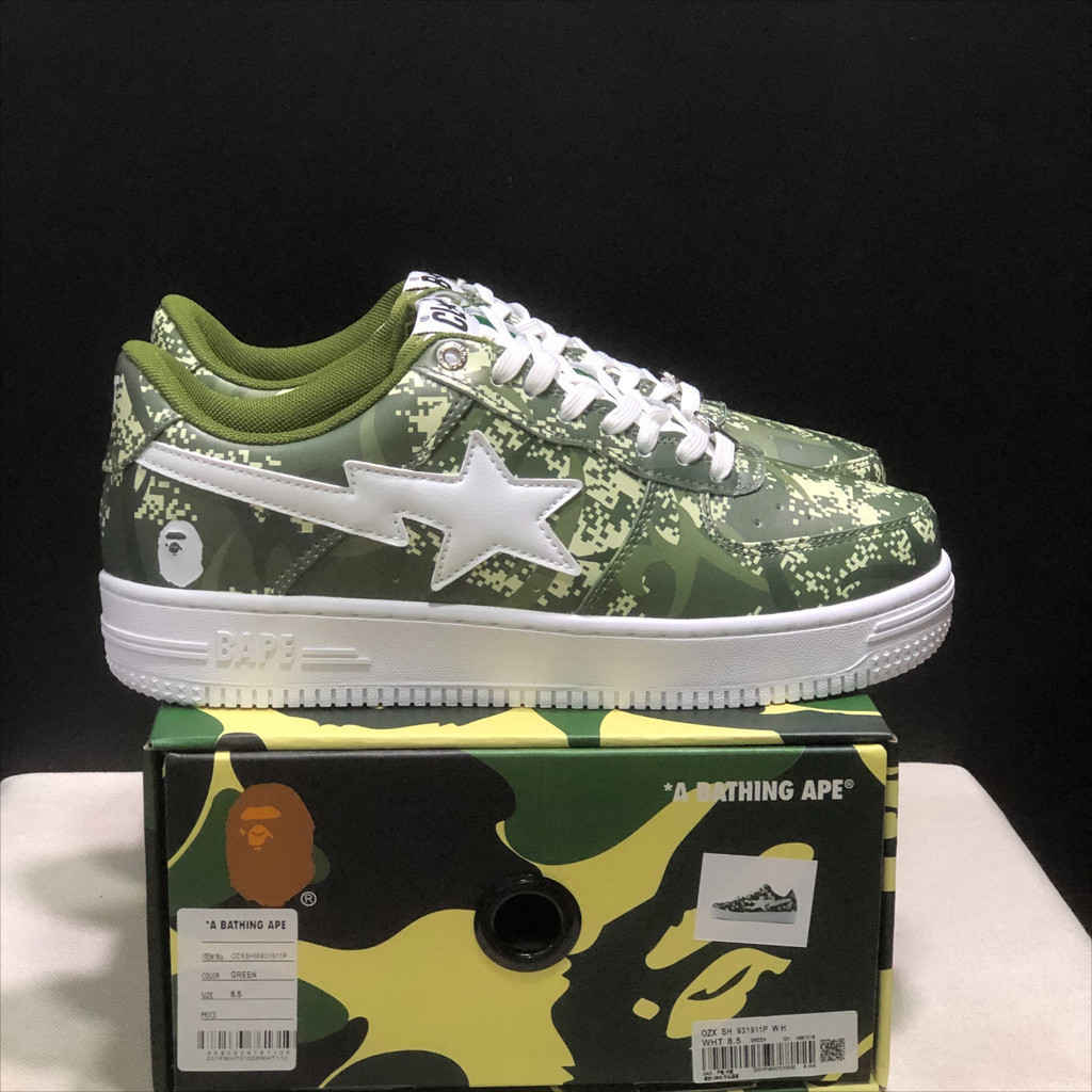 Bape Sta รองเท้าบอร์ดลําลองตัดต่ําสีเขียวที่ทนต่อการสึกหรอและสะดวกสบาย
