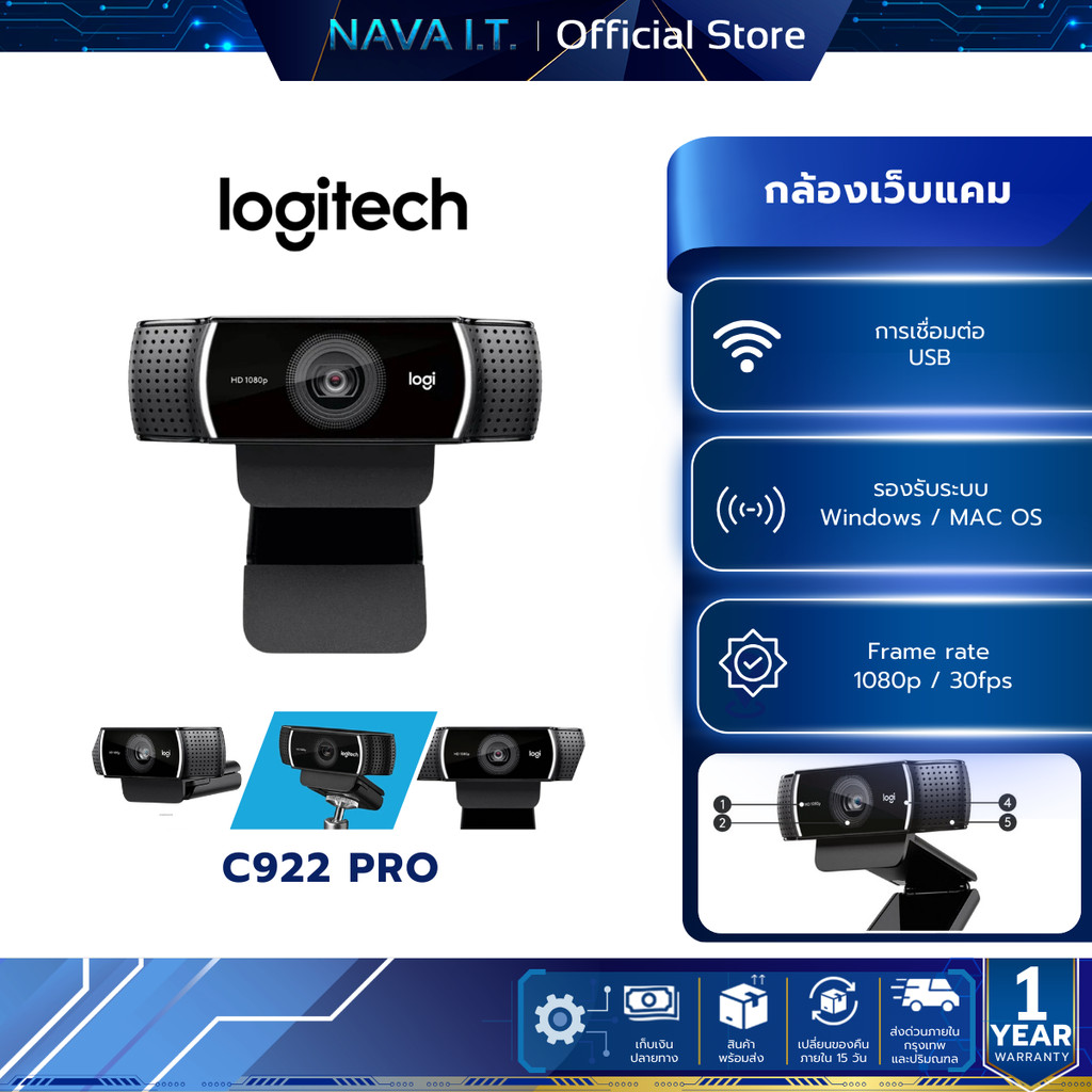 Logitech C922 Pro Stream HD Webcam (เว็บแคม กล้องติดคอม ภาพคมชัด)