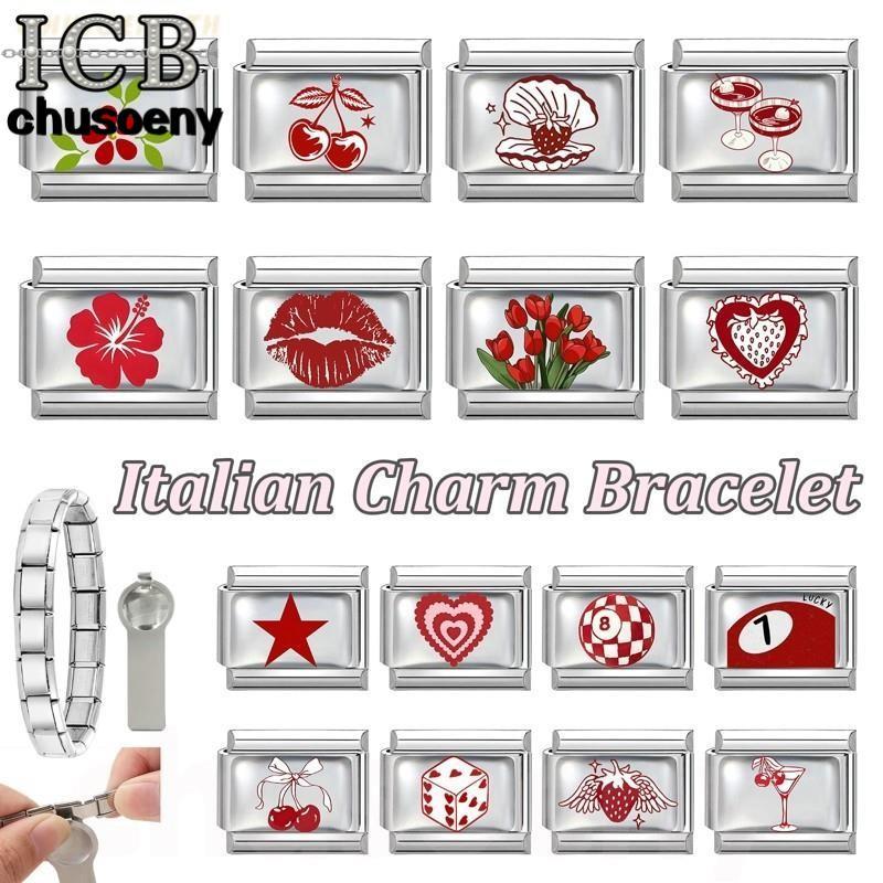 สร้อยข้อมือสแตนเลส UV Red Heart Cherry Italian Charm ขนาด 9 มม. เพิ่มความสวยงามและสไตล์ให้คุณ
