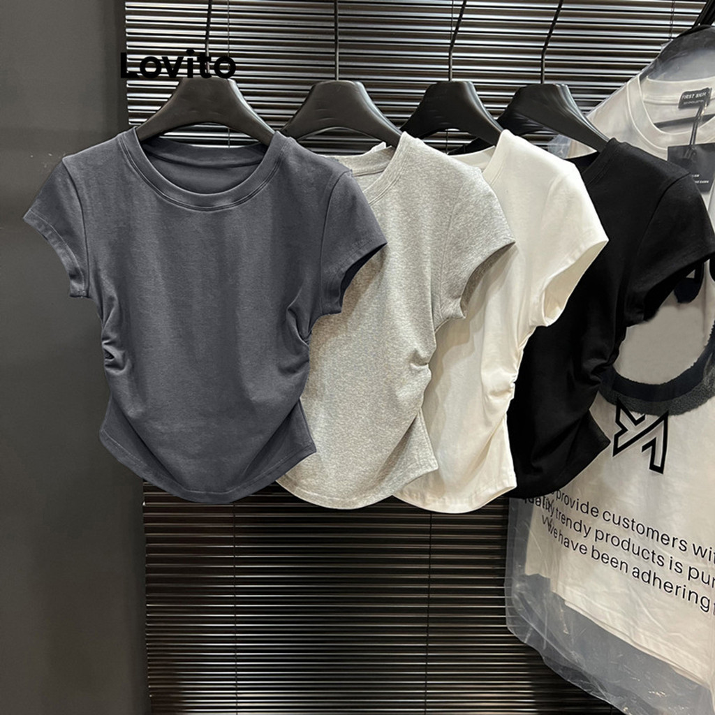 Lovito x Poppy เสื้อยืดลำลองสำหรับฤดูร้อน/ฤดูใบไม้ผลิ เสื้อยืดสีพื้นรูดจีบสำหรับผู้หญิง Lne35228 (หลากสี)