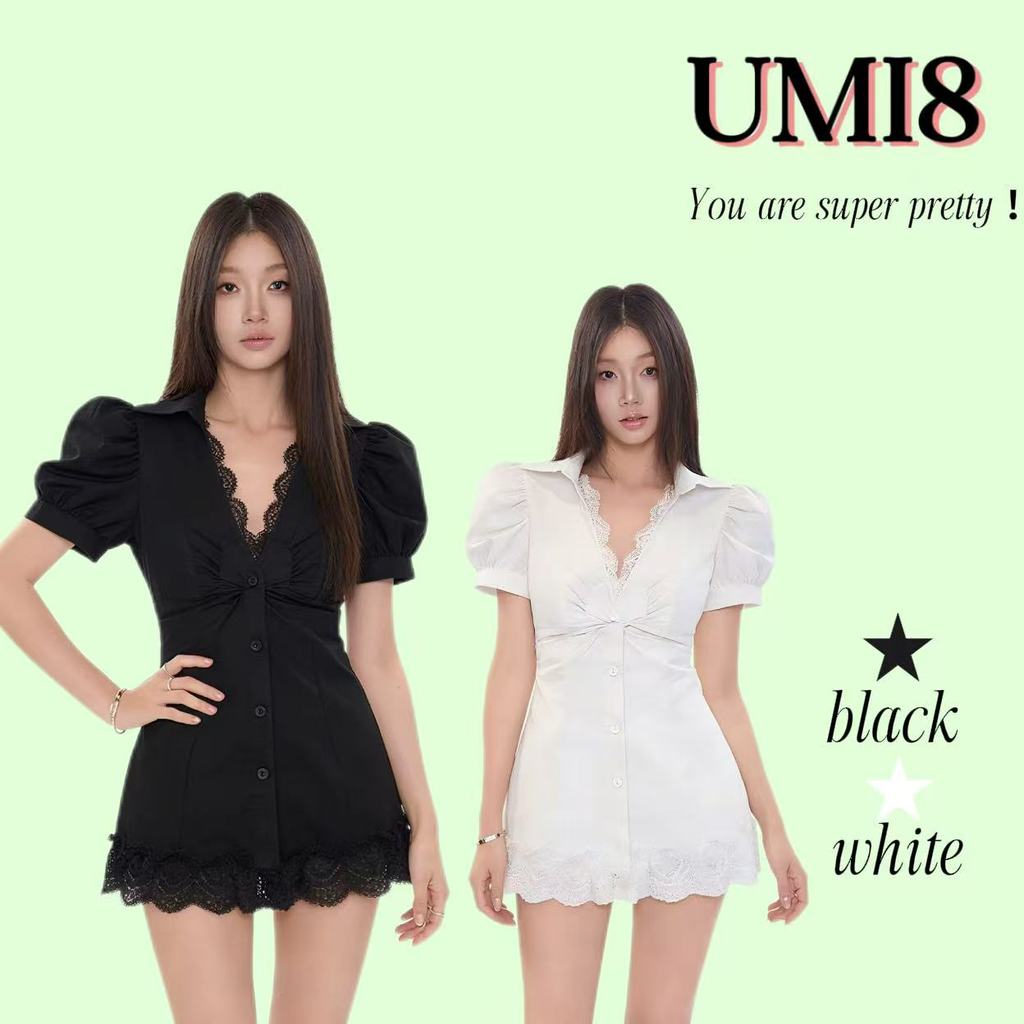 UMI8💝【ในสต็อก】💝 เดรสเชิ้ตลูกไม้สำหรับผู้หญิง ฤดูใบไม้ร่วง 2026 ทรงเข้ารูปช่วงเอว กระโปรงสั้นทรงเอไลน์ช่วยให้ดูผอมเพรียว