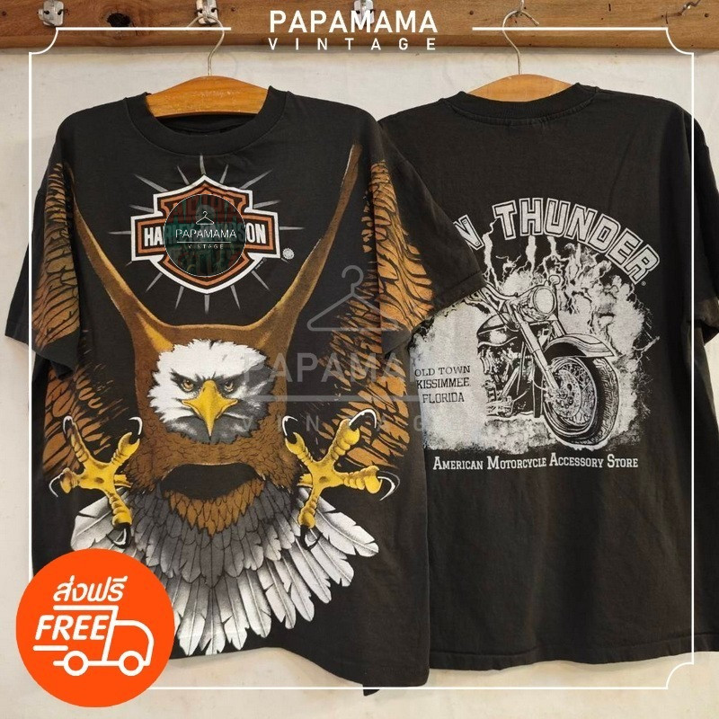[ HARLEY - DAVIDSON ] The Eagle THUNDER OVP all over print เสื้อวินเทจ เสื้อทัวร์ ฮาเลย์ papamama vi