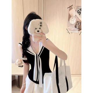 Vogue🌟พร้อมส่ง🌟 เสื้อแขนกุดคอปก แต่งเน็กไท ตัดกับสรเสื้อ ดีเทลเก๋ๆ ยืดตามตัว (FY10181)