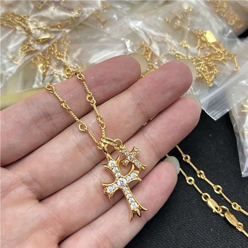 Crown Double Cross Pendant Necklace Diamond-Set Red Plated 18k Rose Gold Necklace