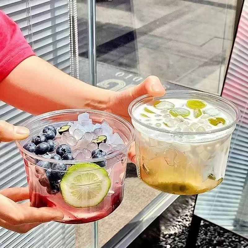 (11.11优惠大促）一次性水果盒打包盒甜品桶水果捞杯子透明食品级冰粉碗干果盒直销Disposable fruit box packing box dessert bucket fruit fishi