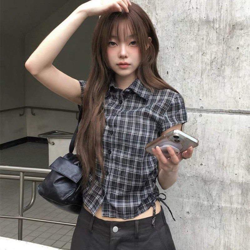 LUNA~Xตาราง เวอร์ชั่นเกาหลี เสื้อแขนสั้น เสื้อเชิ้ต รุ่นใหม่ สไตล์แฟชั่น