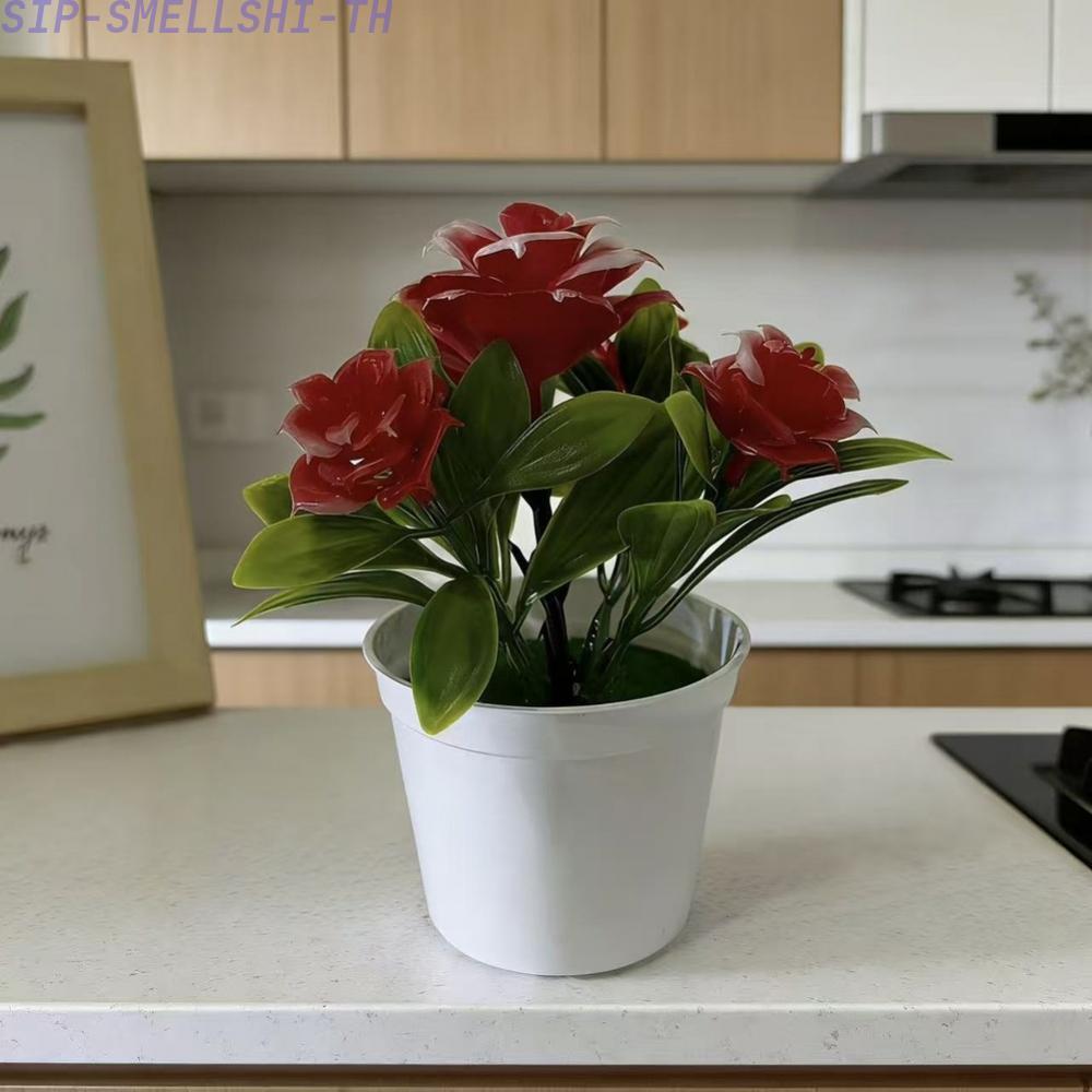 【SMELLSHI】Plastic Potted Rose Flower Artificial Fake Plant for Indoor Home Decor 14cm Tall