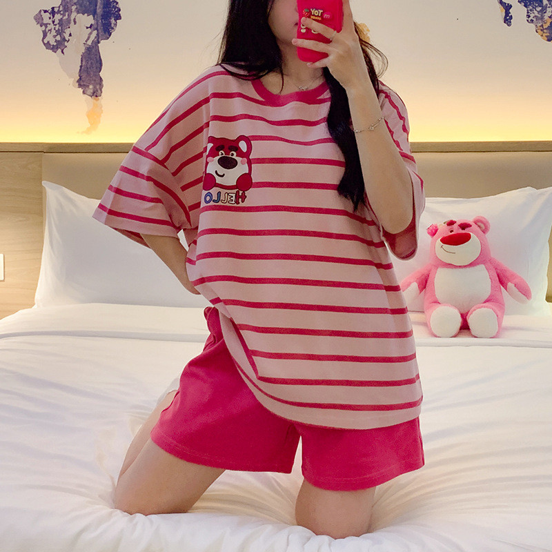 สั้นแขนสั้นขนาดเกาหลีชุดสองชิ้นน่ารักหลวมรอบคอรุ่นขนาดใหญ่ชุดนอนสามารถหวานสวมใส่ด้านนอกกางเกงขาสั้นฤ