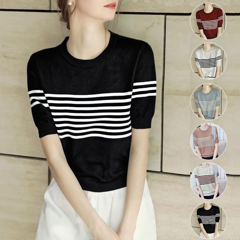 เสื้อยืดไหมพรมลายทาง คอกลมแขนโมไฟ ผ้านุ่มยืดได้ดีใส่สบาย เรียบง่าย ใส่ได้ทุกโอกาส-พร้อมส่งจากไทย-รุ่น88057