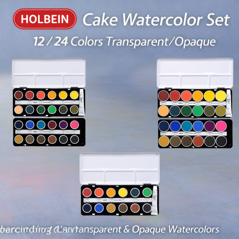 Holbein Solid Watercolor Cake Set - 12 or 24 Colors (Transparent and Opaque Options)