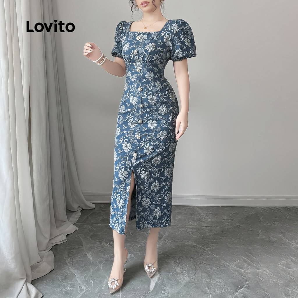 Lovito ชุดลำลองสไตล์ฝรั่งเศสสบาย ๆ สไตล์เงียบ ๆ ของไข่มุก เดรสสีฟ้า สำหรับผู้หญิง ฤดูใบไม้ผลิ/ฤดูร้อน L150AD1621 ราคา ถูกที่สุด ดีลบีเคเค แกลเลอรีภาพที่ 2