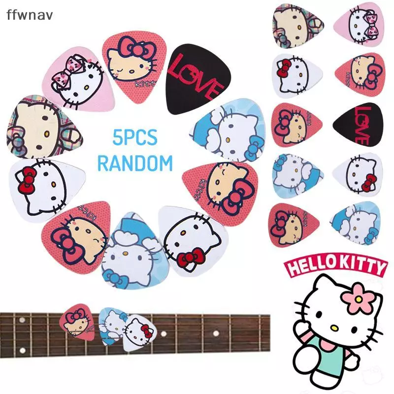 Ffwnav กีตาร์อะคูสติก5ชิ้น Kawaii Sanrio ปิ๊กกีต้าร์ Hello Kitty ไฟฟ้าเรียบเบสอะคูสติกเครื่องมือเลือกของขวัญ