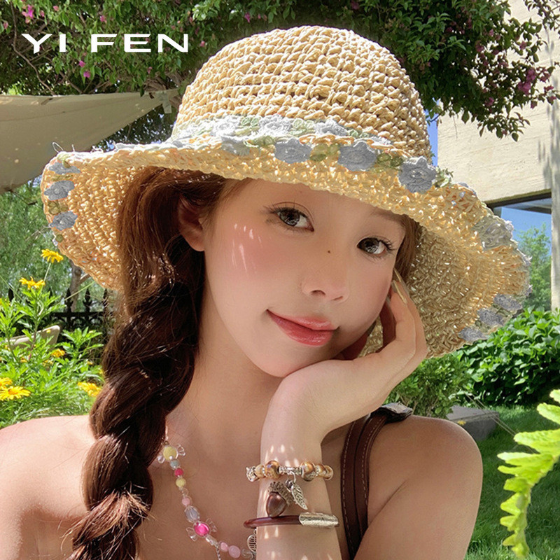 YIFEN หมวกสานโครเชต์แต่งดอกไม้จิ๋ว [คอลเลกชันใหม่] งานถักละเอียดสวยเป๊ะเป๊ะ พรางหน้าดูเล็กเรียว [พร้อมส่ง]