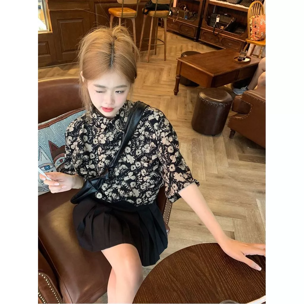 เสื้อเชิ้ตลายดอกไม้แขนสั้น สไตล์ฮ่องกง ทรงหลวม thumbnail 6