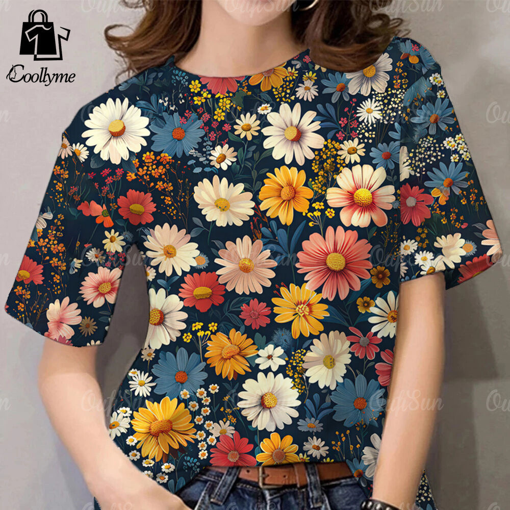 เสื้อยืดพิมพ์ลายดอกไม้สำหรับผู้หญิง สไตล์ลำลอง ทรงหลวมเหมาะกับฤดูร้อน