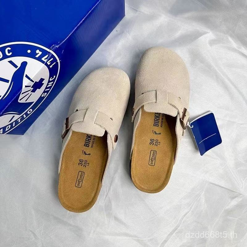 BIRKENSTOCK สต็อกBirkenstock Boston ผู้ชาย/หญิงคลาสสิก Cork สีน้ําตาลเข้มรองเท้าแตะหนังรองเท้าแตะ TGW5