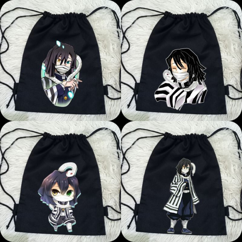 กระเป๋าหูรูดสีดํา Obanai Iguro Demon Slayer อะนิเมะหนาวัสดุผ้าใบพรีเมี่ยม/กระเป๋าหูรูดสีดํา Anime De