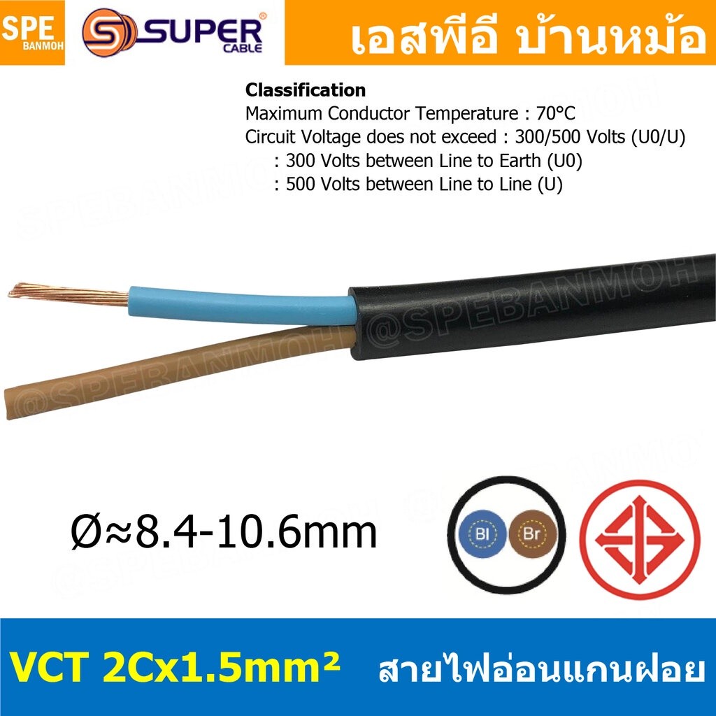 [ 2 เมตร ] VCT-2x1.5 สาย VCT 2C X 1.5 sq.mm สายอ่อน 2 คอร์ Size 1.5 sq.mm VCT AC Power Cable สายไฟ A