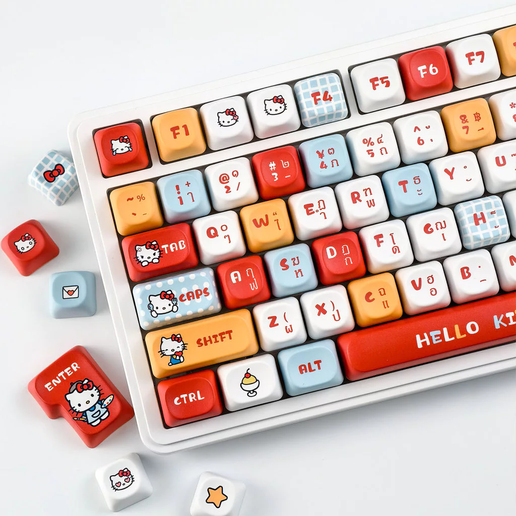 MAIMOOO Thai Keycap Hello Kitty MOA Profile 120 คีย์ PBT Dye Sublimation Aula F75 F99 RK100 สีแดงการ์ตูนลูกแมว Sanrio Keycaps น่ารัก Kitty ไทย Keycaps