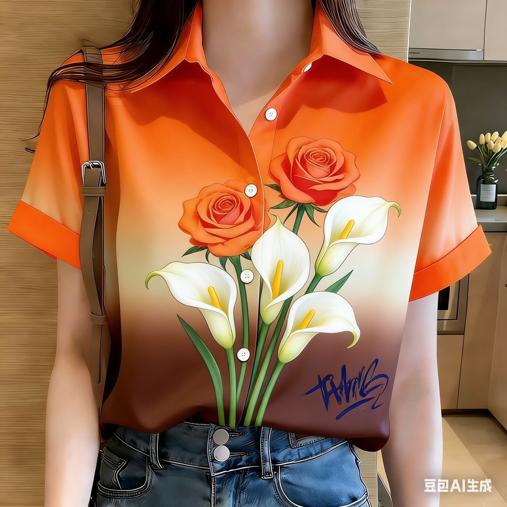 เสื้อเชิ้ตโพลีเอสเตอร์ผู้หญิงพิมพ์ลายกราฟฟิคสีส้มสีน้ําเงินเทศกาลสงกรานต์ปาร์ตี้ลําลองชายหาดสไตล์สตรีทแฟชั่น