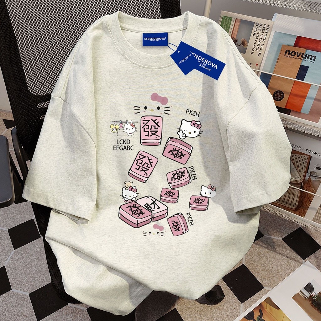 ผ้าฝ้าย 100% อเมริกัน Hello Kitty พิมพ์แขนสั้นผู้หญิงแขนสั้น Street สวมใส่เสื้อยืด All-Match หลวม Hi