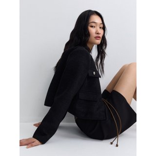 [Pomelo] เสื้อแจ็คเก็ตผ้าทวีดตัวสั้นแต่งชายรุ่ย / Round Neck…