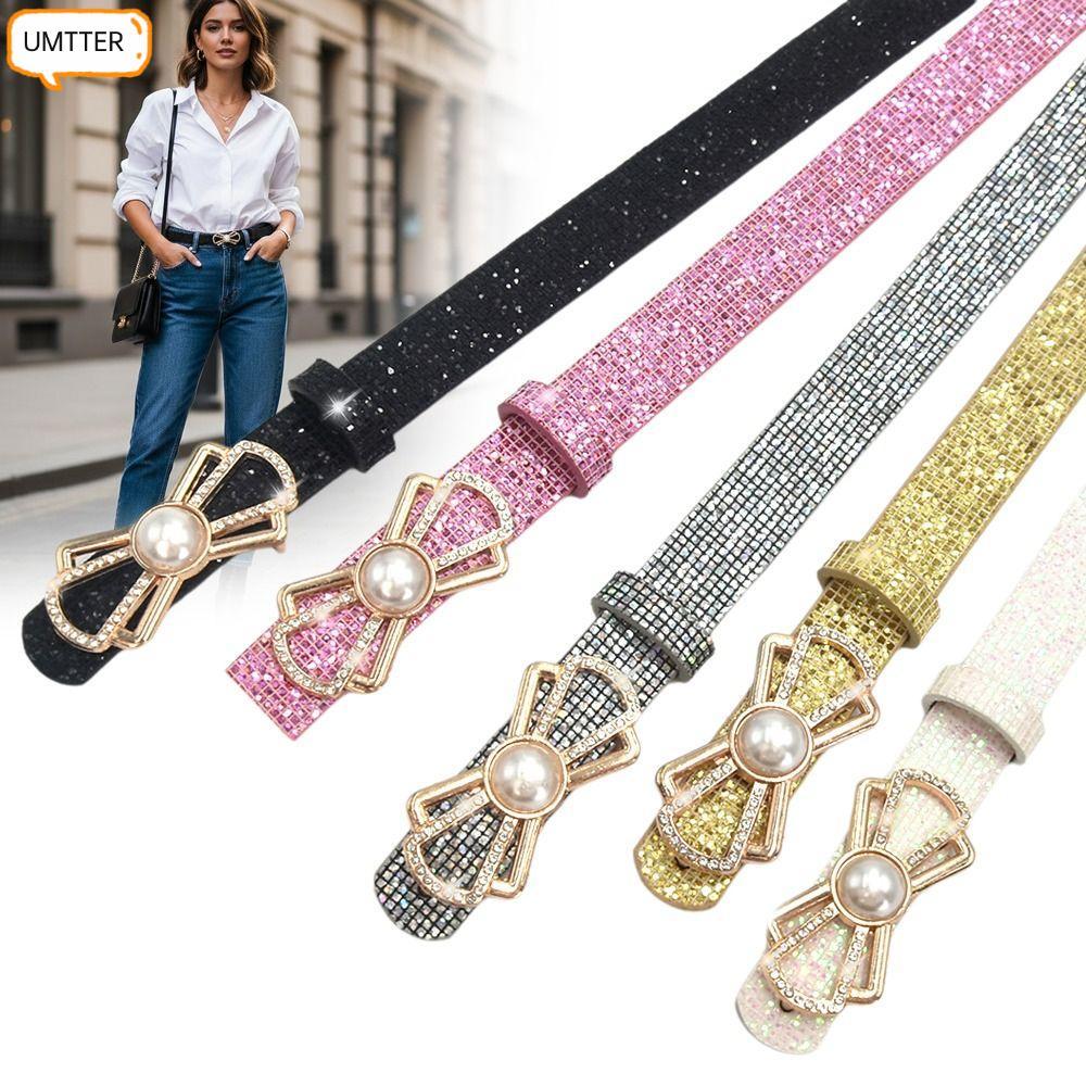 เข็มขัดหนังPU สำหรับผู้หญิง ออกแบบหรูหราด้วยประกายRhine stoneและGlitter สวมใส่ง่าย