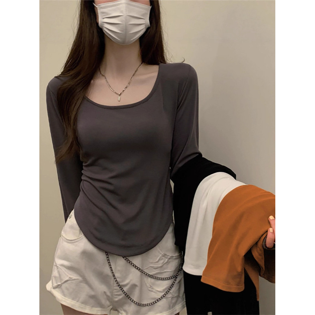 สไตล์ใหม่ฤดูใบไม้ผลิฤดูใบไม้ร่วงInsหญิงHot Niche ttw Match 2025 Sense Slim-Fitรอบคอแขนยาวเกาหลีไม่สม