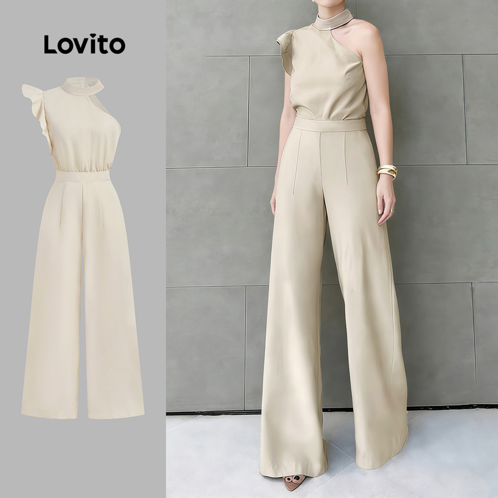 Lovito สง่างาม จั๊มสูทจัมพ์สูทผู้หญิง จั๊มสูทฤดูใบไม้ผลิฤดูร้อน สีแอปริคอท ดีไซน์ระบายไม่สมมาตร L178ED836