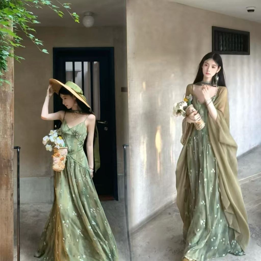[บัวสีเขียว] เซน เย็น สลิงชุดหญิงสไตล์อ่อนโยนสตริงเอวริมทะเลวันหยุดสไตล์ดอกไม้กระโปรงยาว