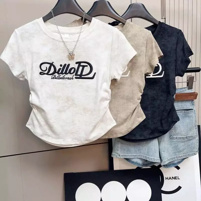 [Y D]🔥พร้อมส่ง🔥 เสื้อเด็กผู้หญิง เสื้อยืดแขนสั้น เสื้อครอปท็อป คอกลม เอวเข้ารูป พิมพ์ลายอักษร สไตล์เกาหลี #453